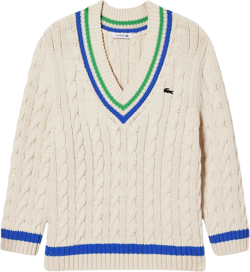 Lacoste V Neck Cable Knit Cotton Tennis Sweater White/Green/Blue