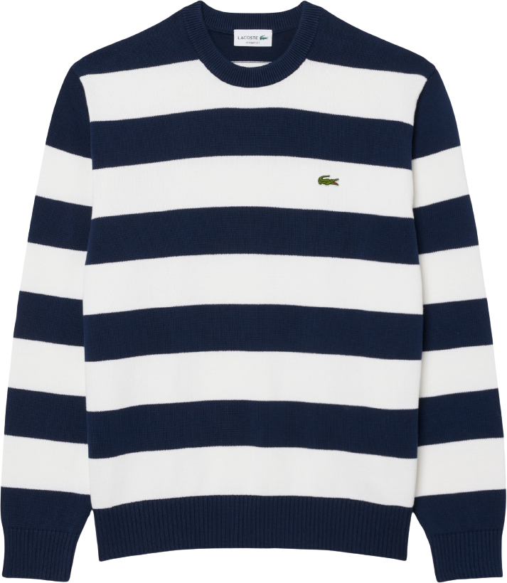Lacoste Striped Cotton Crew Neck Sweater Navy