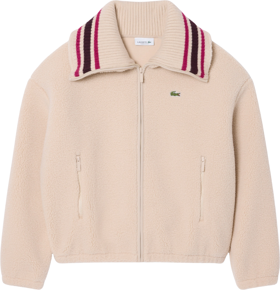 Lacoste Oversized Striped Ribbed Collar Sherpa Jacket Sisal